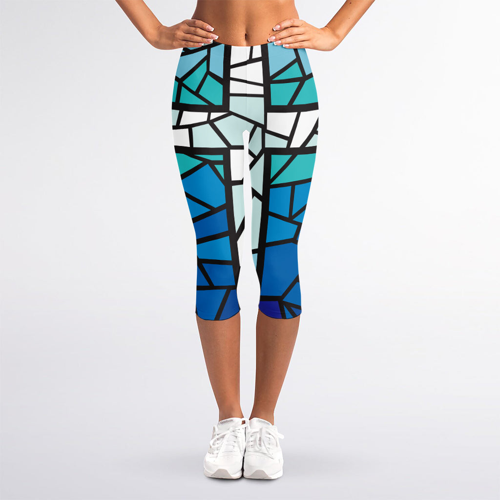 Blue Stained Glass Cross Print Women's Capri Leggings