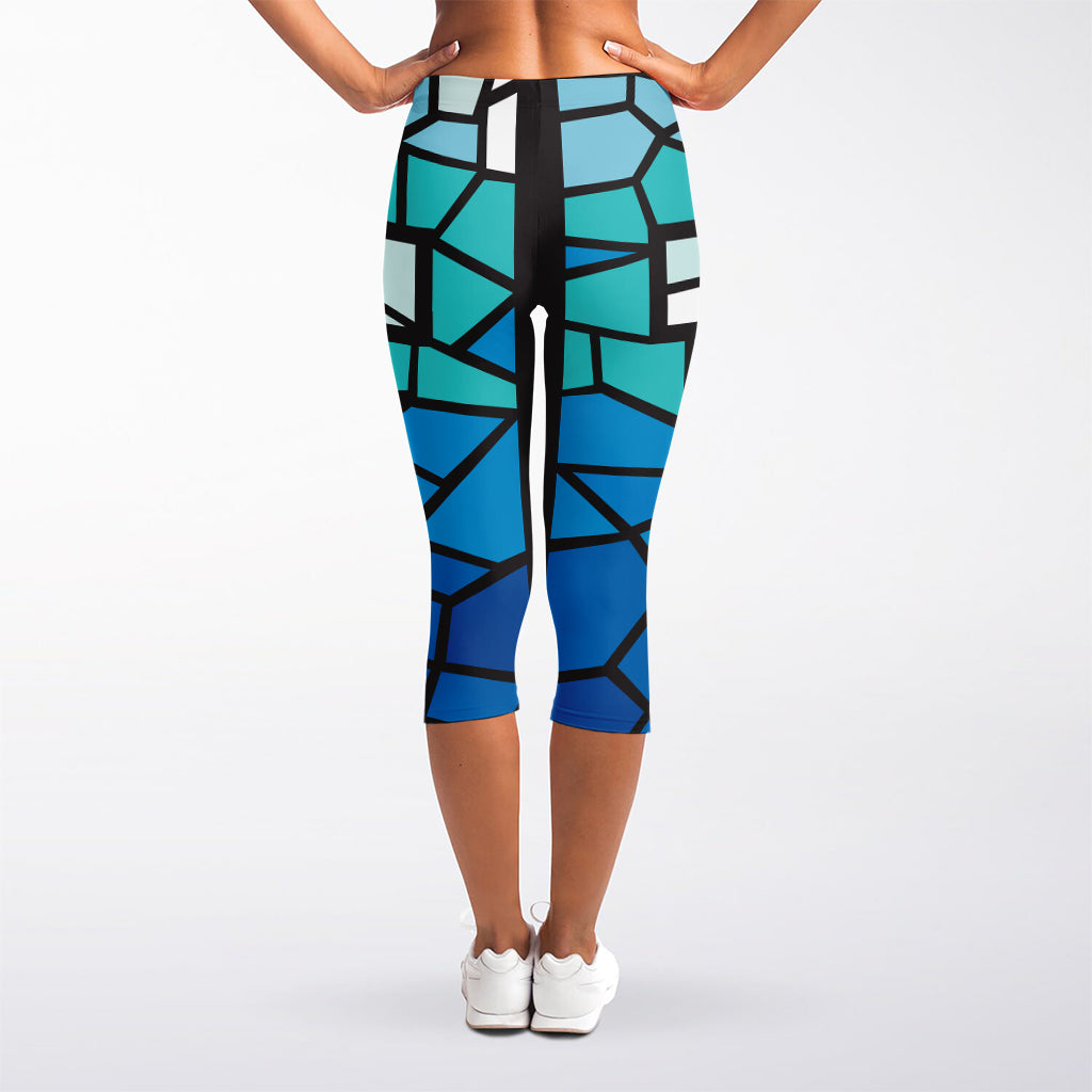 Blue Stained Glass Cross Print Women's Capri Leggings