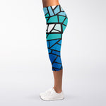 Blue Stained Glass Cross Print Women's Capri Leggings