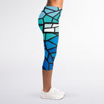 Blue Stained Glass Cross Print Women's Capri Leggings