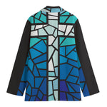 Blue Stained Glass Cross Print Women's Cotton Blazer