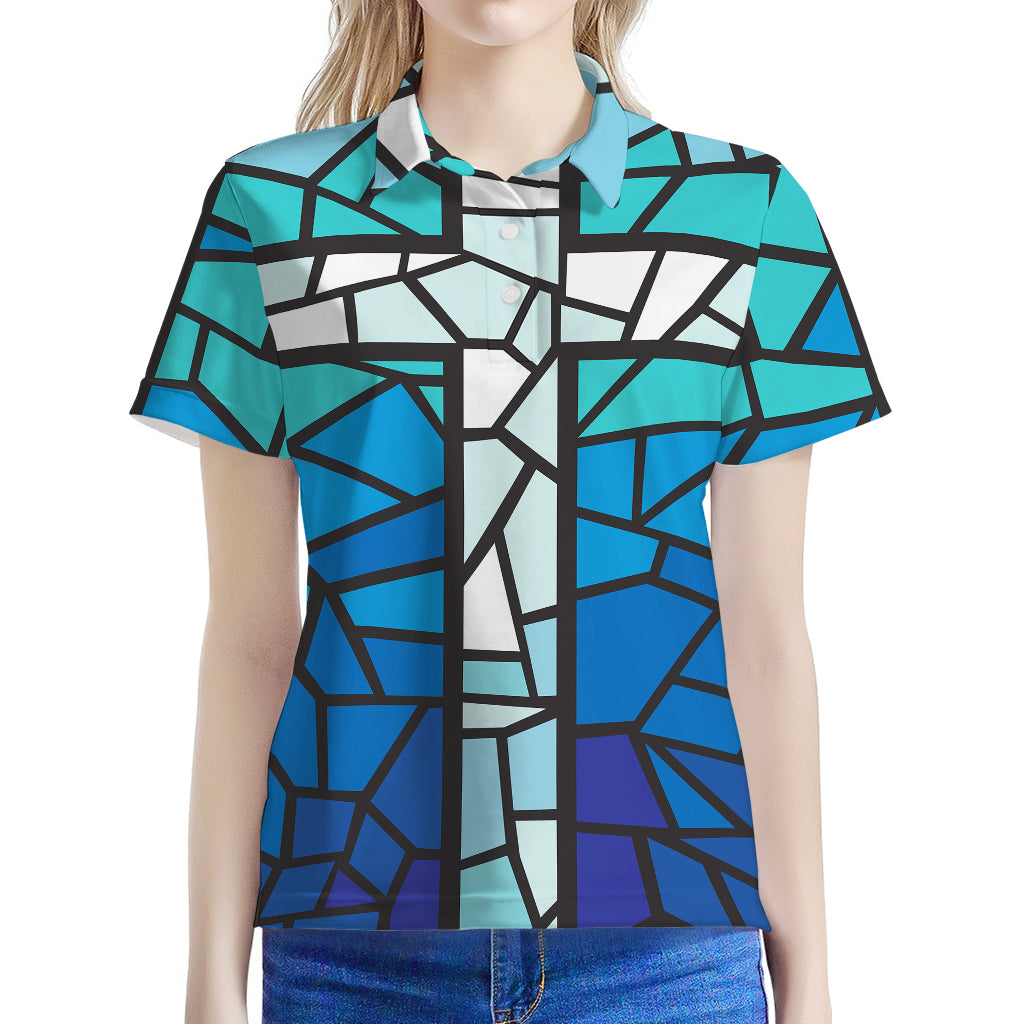 Blue Stained Glass Cross Print Women's Polo Shirt
