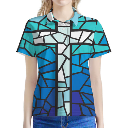 Blue Stained Glass Cross Print Women's Polo Shirt