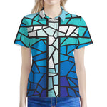 Blue Stained Glass Cross Print Women's Polo Shirt