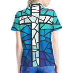 Blue Stained Glass Cross Print Women's Polo Shirt
