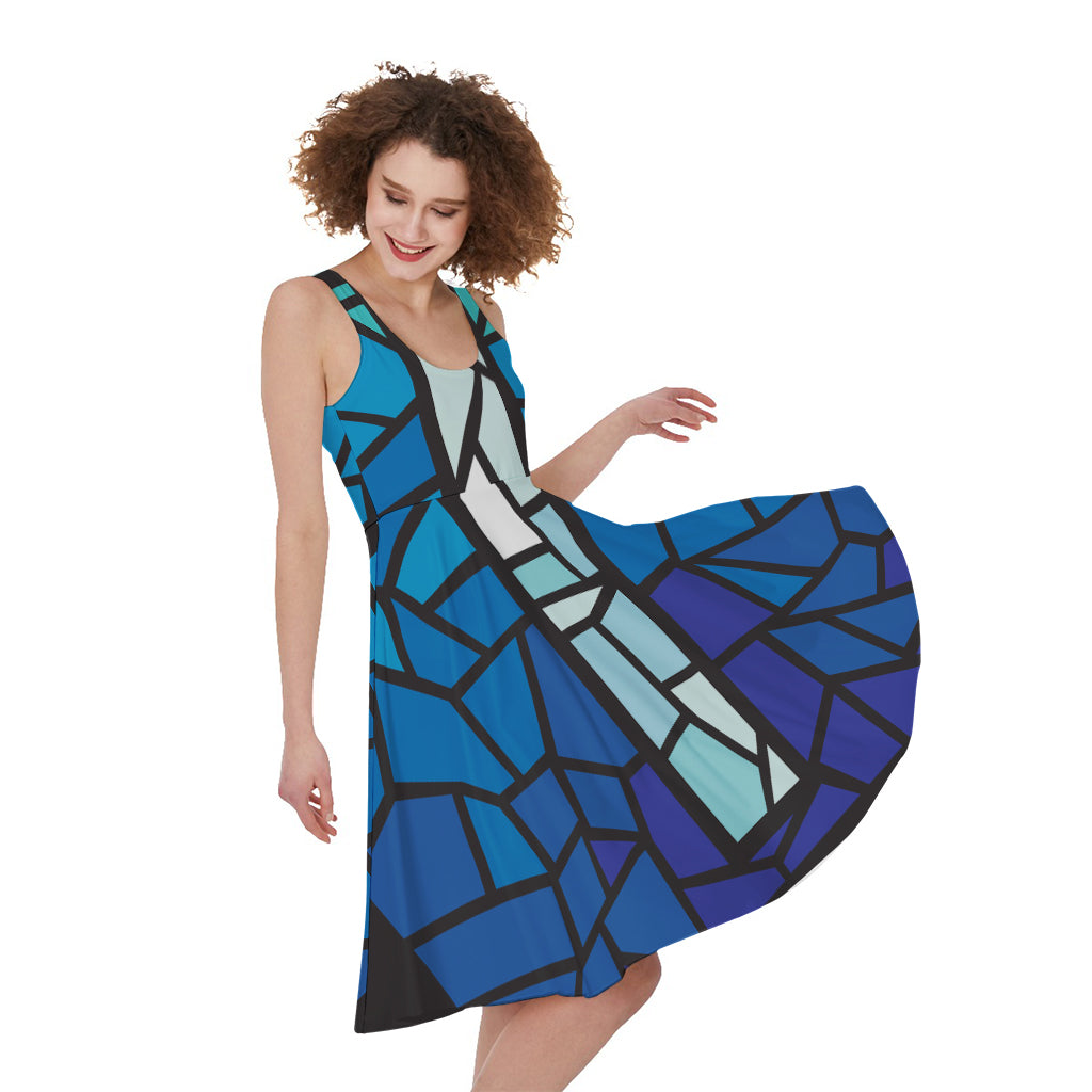 Blue Stained Glass Cross Print Women's Sleeveless Dress