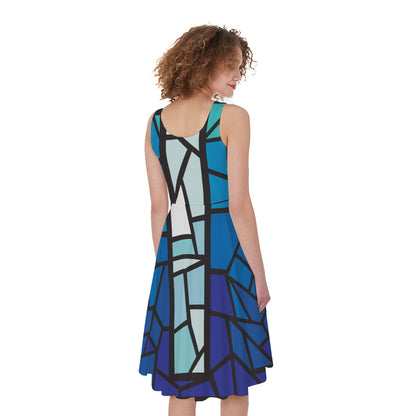 Blue Stained Glass Cross Print Women's Sleeveless Dress