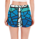 Blue Stained Glass Cross Print Women's Split Running Shorts