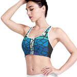 Blue Stained Glass Cross Print Women's Sports Bra