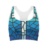 Blue Stained Glass Cross Print Women's Sports Bra