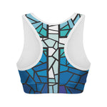 Blue Stained Glass Cross Print Women's Sports Bra
