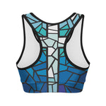 Blue Stained Glass Cross Print Women's Sports Bra