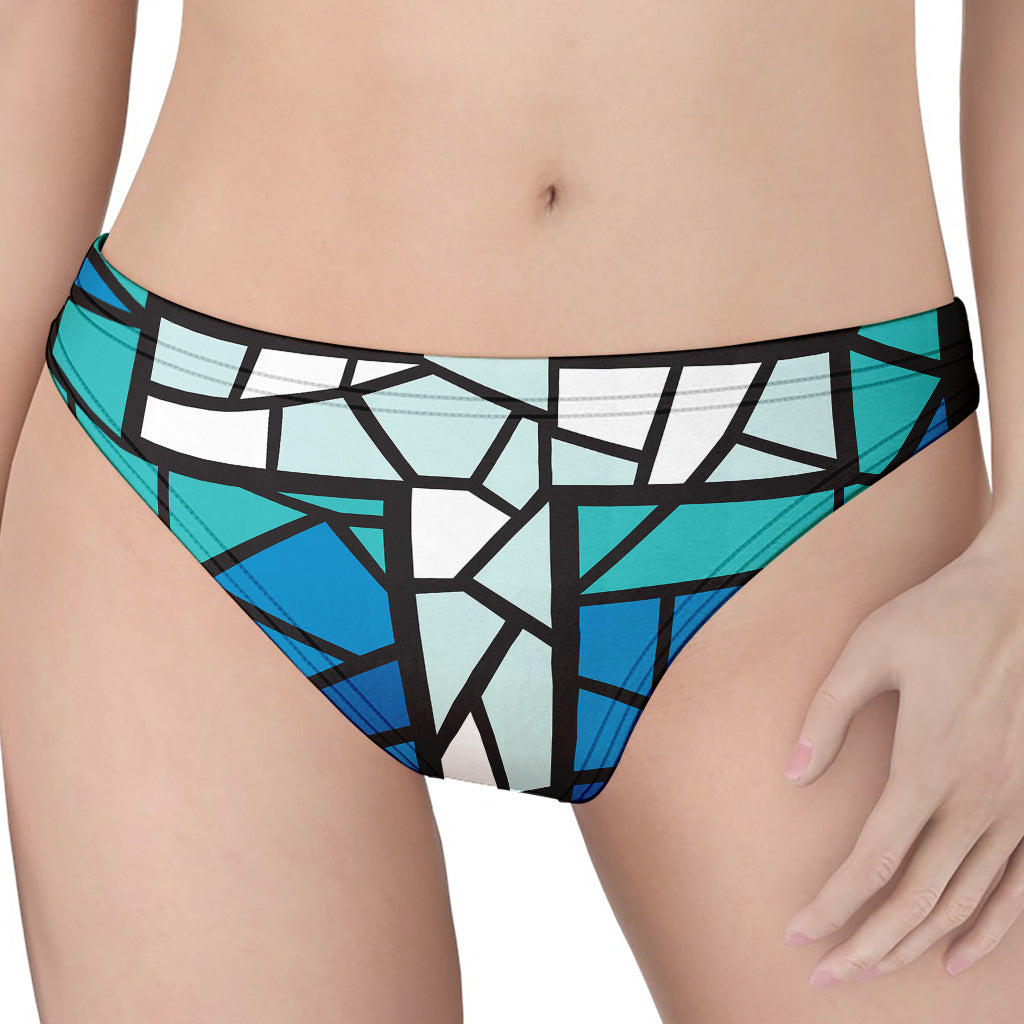 Blue Stained Glass Cross Print Women's Thong