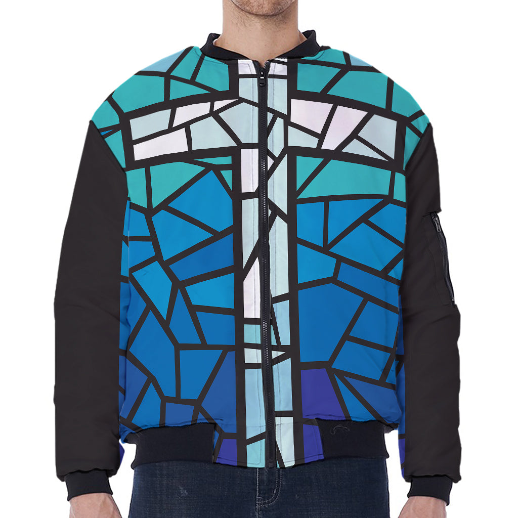 Blue Stained Glass Cross Print Zip Sleeve Bomber Jacket