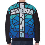 Blue Stained Glass Cross Print Zip Sleeve Bomber Jacket