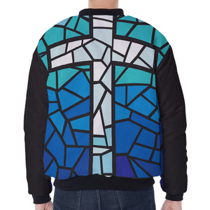 Blue Stained Glass Cross Print Zip Sleeve Bomber Jacket