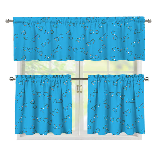 Blue Stethoscope Pattern Print 3 Piece Kitchen Curtains