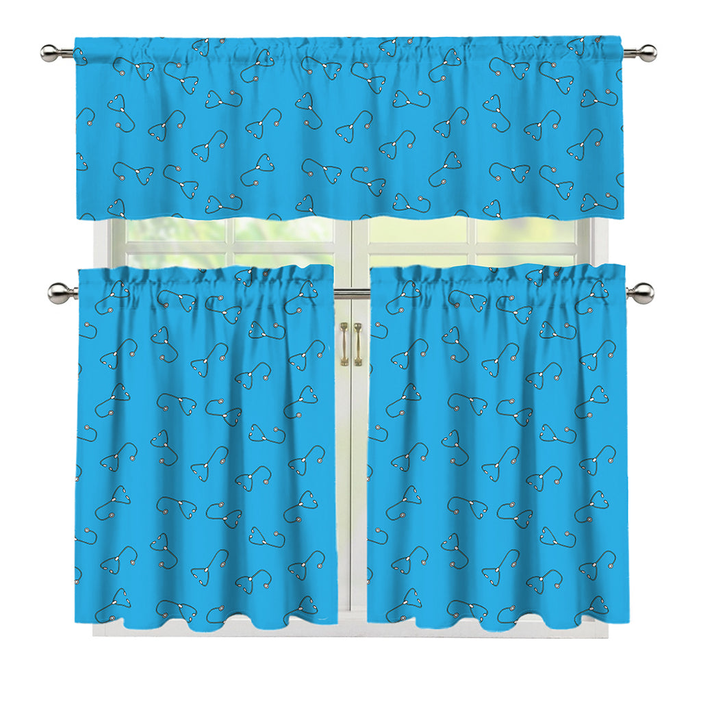 Blue Stethoscope Pattern Print 3 Piece Kitchen Curtains