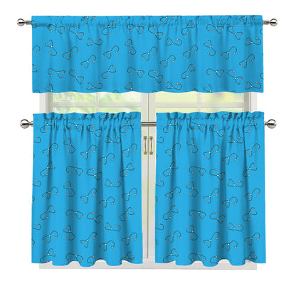 Blue Stethoscope Pattern Print 3 Piece Kitchen Curtains
