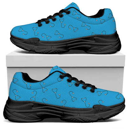 Blue Stethoscope Pattern Print Black Chunky Shoes