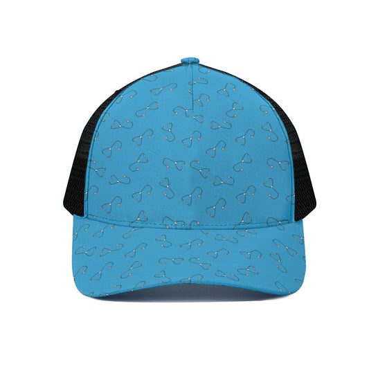 Blue Stethoscope Pattern Print Black Mesh Trucker Cap