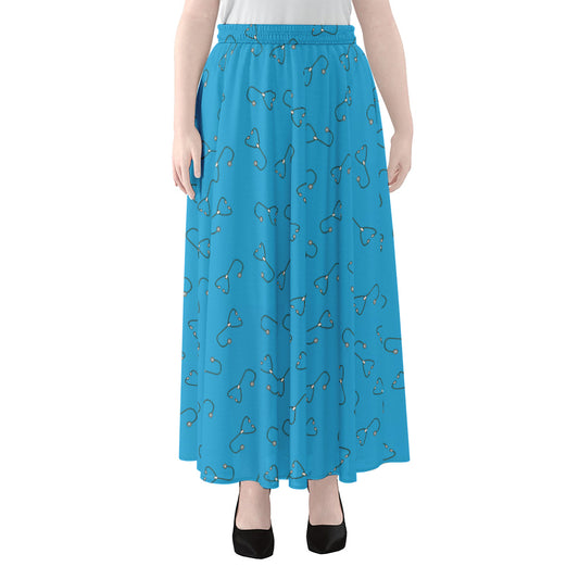Blue Stethoscope Pattern Print Chiffon Maxi Skirt