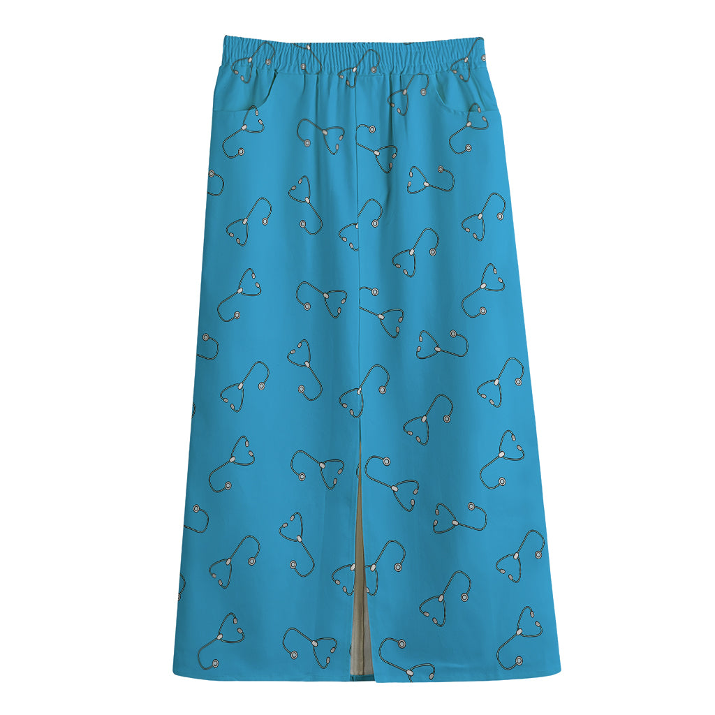 Blue Stethoscope Pattern Print Cotton Front Slit Maxi Skirt