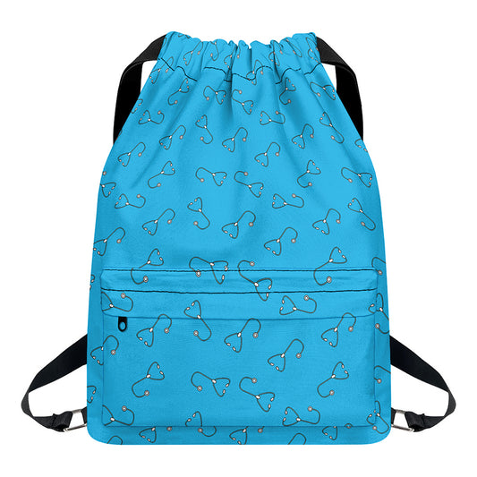 Blue Stethoscope Pattern Print Drawstring Backpack