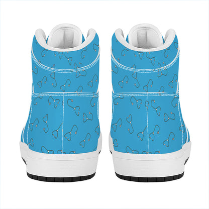 Blue Stethoscope Pattern Print High Top Leather Sneakers