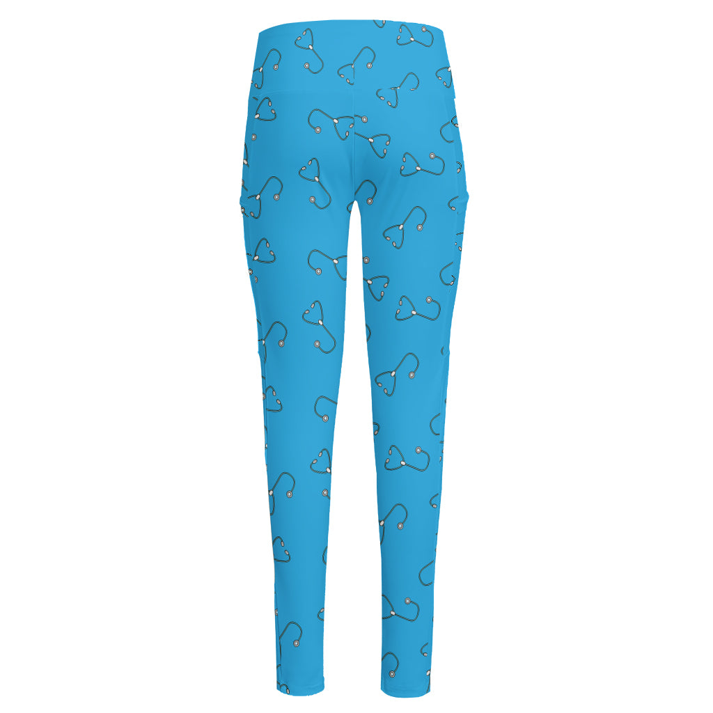 Blue Stethoscope Pattern Print High-Waisted Pocket Leggings