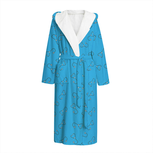 Blue Stethoscope Pattern Print Hooded Bathrobe