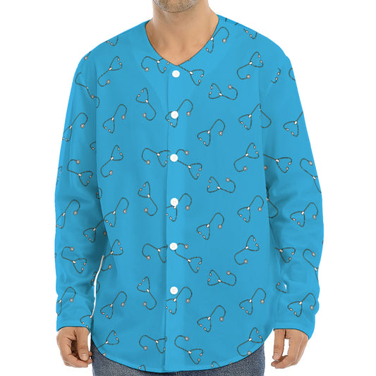 Blue Stethoscope Pattern Print Long Sleeve Baseball Jersey