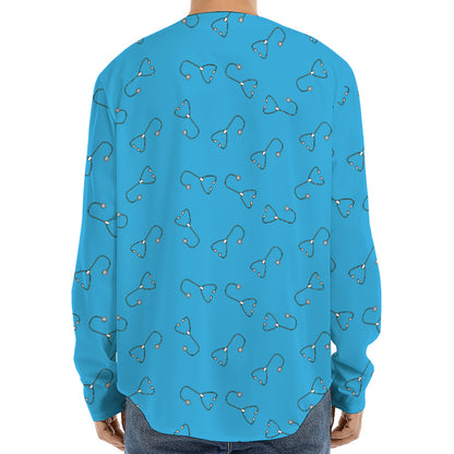 Blue Stethoscope Pattern Print Long Sleeve Baseball Jersey