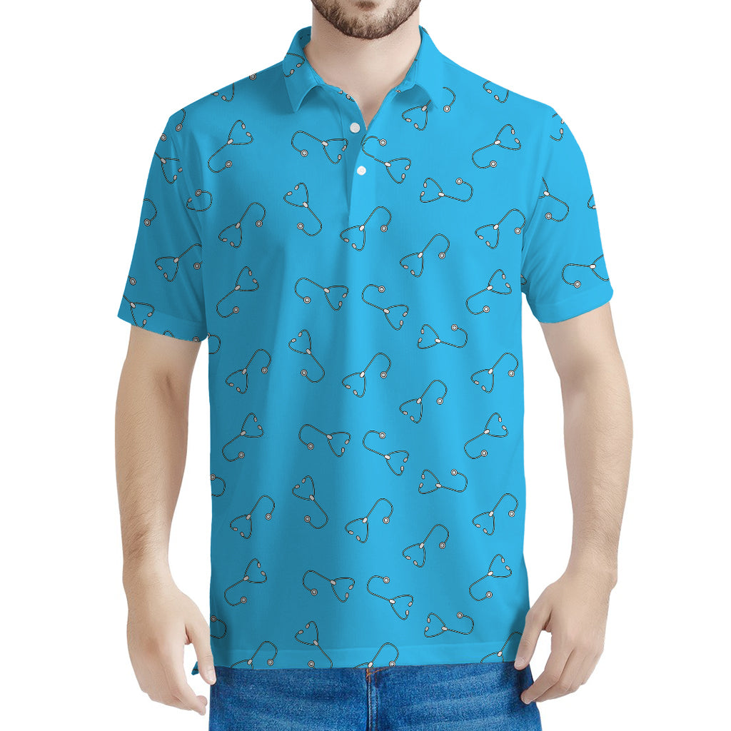 Blue Stethoscope Pattern Print Men's Polo Shirt