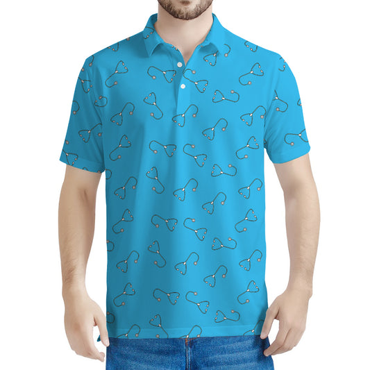 Blue Stethoscope Pattern Print Men's Polo Shirt