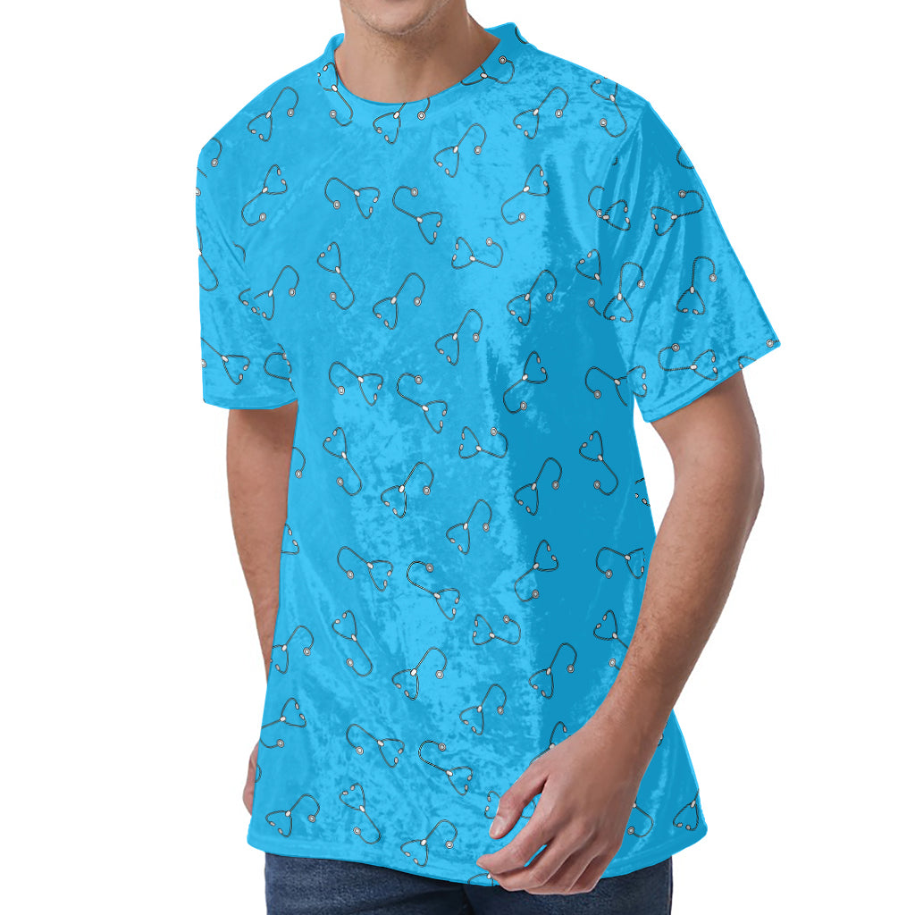 Blue Stethoscope Pattern Print Men's Velvet T-Shirt