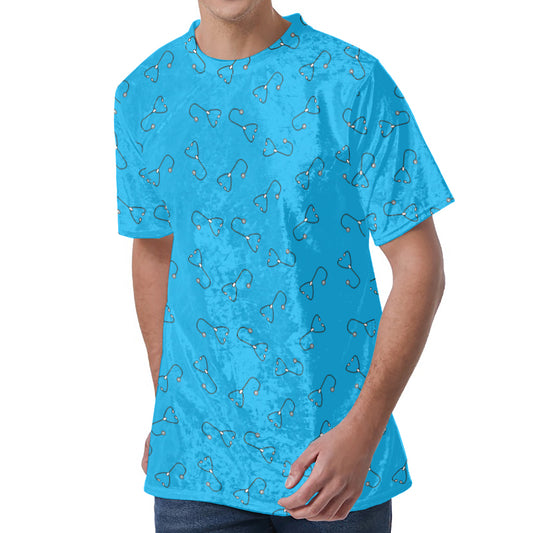 Blue Stethoscope Pattern Print Men's Velvet T-Shirt