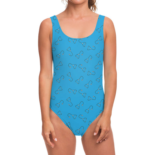 Blue Stethoscope Pattern Print One Piece Swimsuit