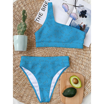 Blue Stethoscope Pattern Print One Shoulder Bikini Top