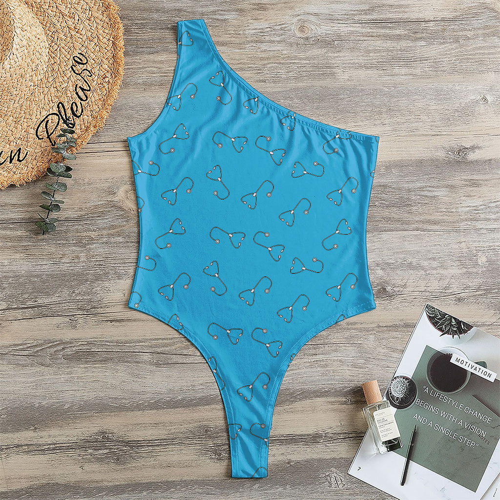 Blue Stethoscope Pattern Print One Shoulder Bodysuit