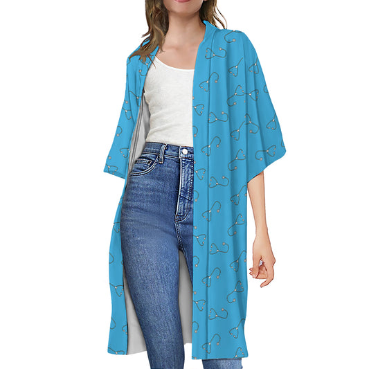Blue Stethoscope Pattern Print Open Front Beach Cover Up