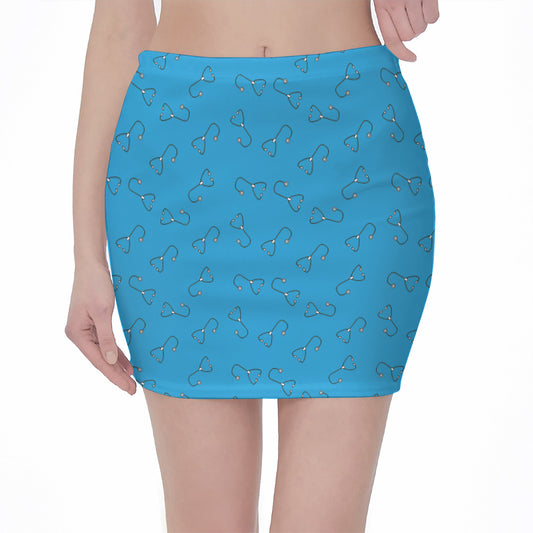 Blue Stethoscope Pattern Print Pencil Mini Skirt