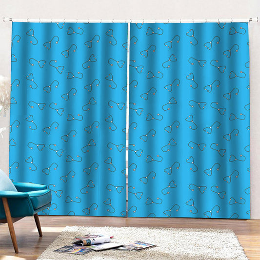 Blue Stethoscope Pattern Print Pencil Pleat Curtains