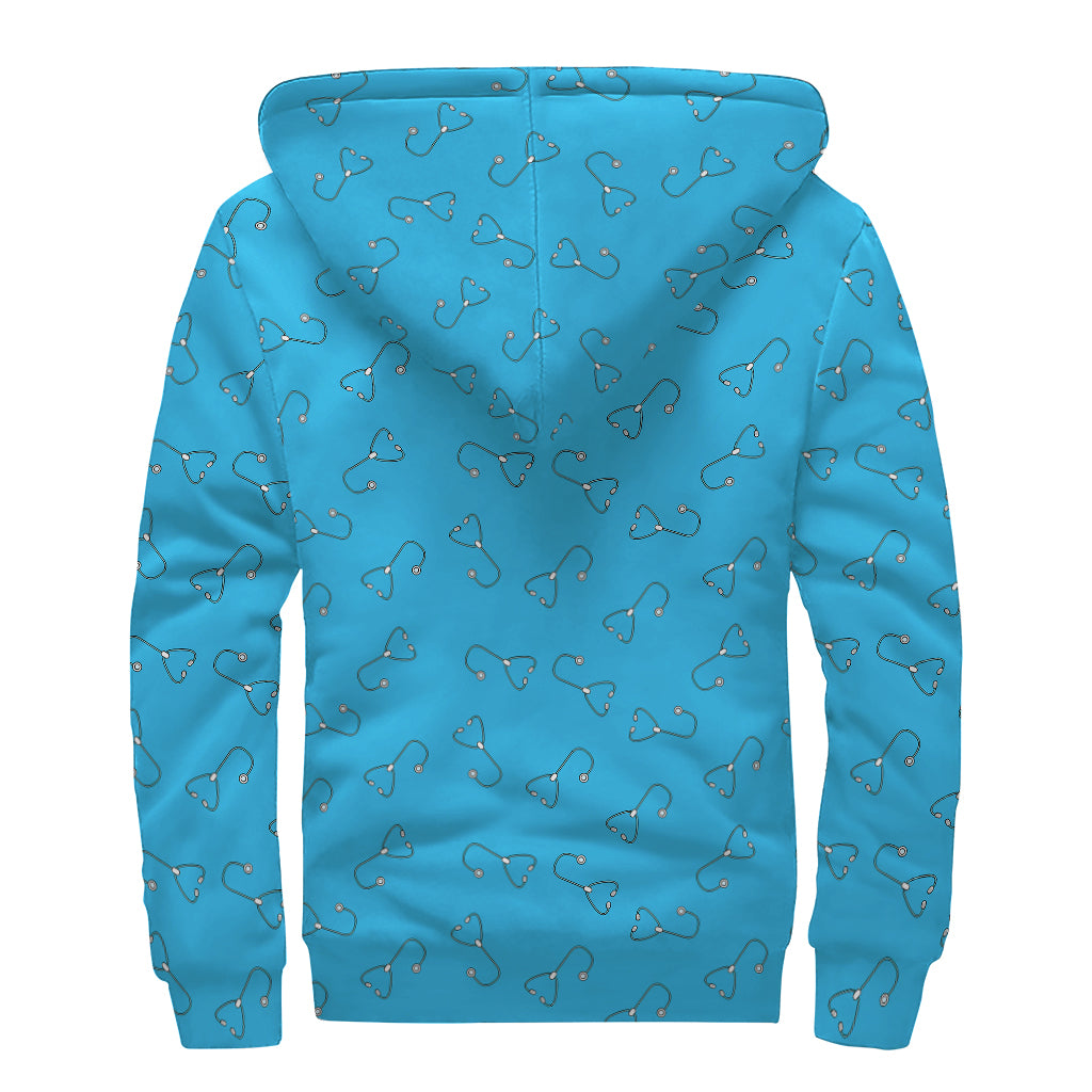 Blue Stethoscope Pattern Print Sherpa Lined Zip Up Hoodie