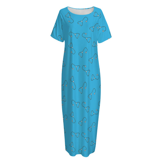 Blue Stethoscope Pattern Print Short Sleeve Long Nightdress