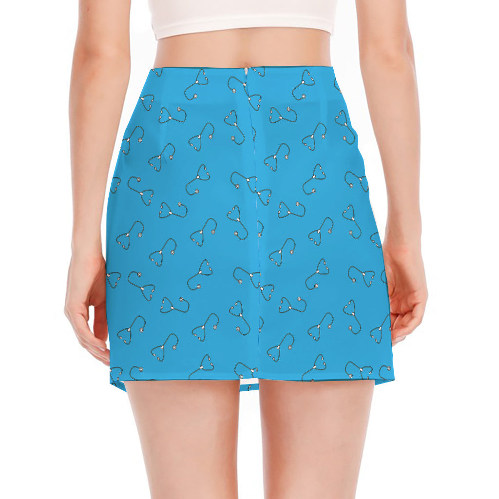 Blue Stethoscope Pattern Print Side Slit Mini Skirt