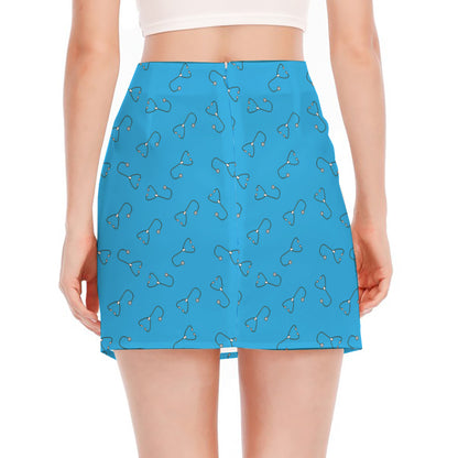 Blue Stethoscope Pattern Print Side Slit Mini Skirt