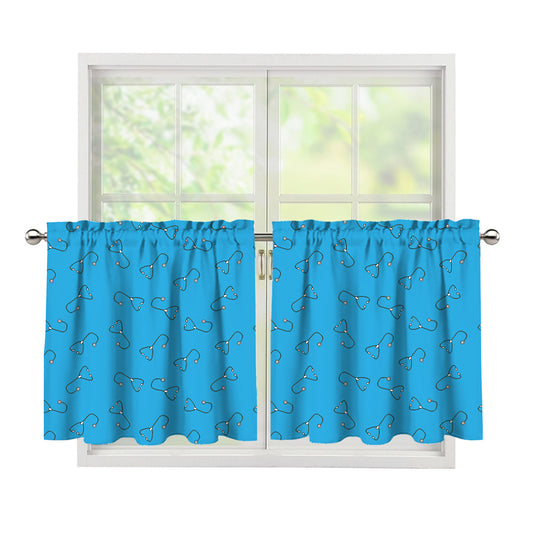 Blue Stethoscope Pattern Print Tier Curtains