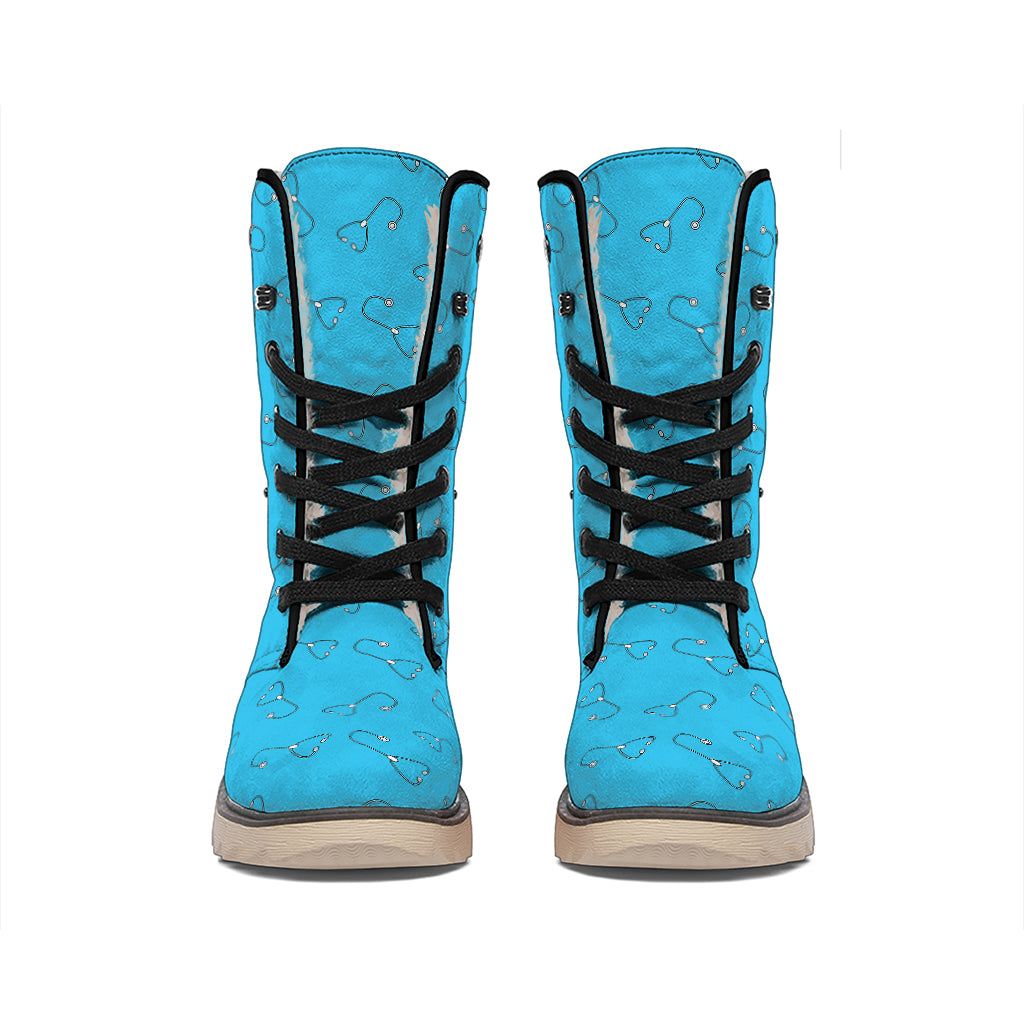 Blue Stethoscope Pattern Print Winter Boots