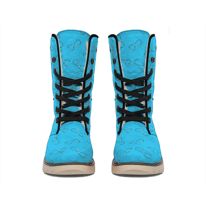 Blue Stethoscope Pattern Print Winter Boots